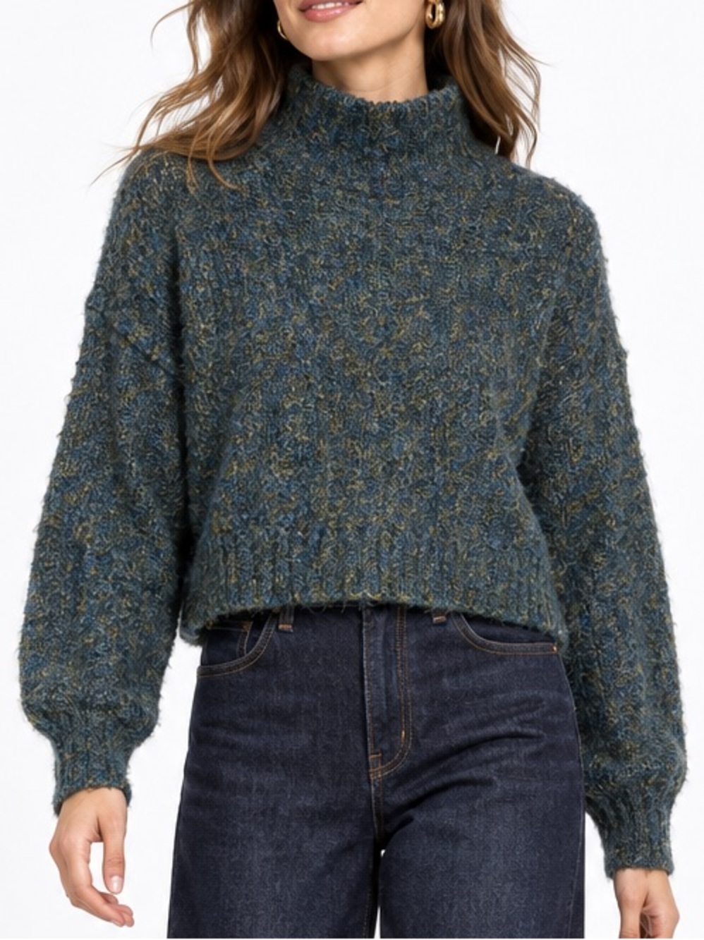 Cloth Blue Green Marled Cropped Mock Neck Sweater – Medium